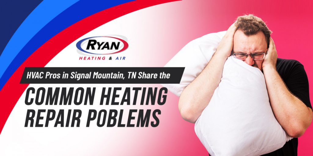 HVAC pros in signal mountain, TN share the common heating repairs problems with a photo of headache homeowner holding a pillow to cover his head